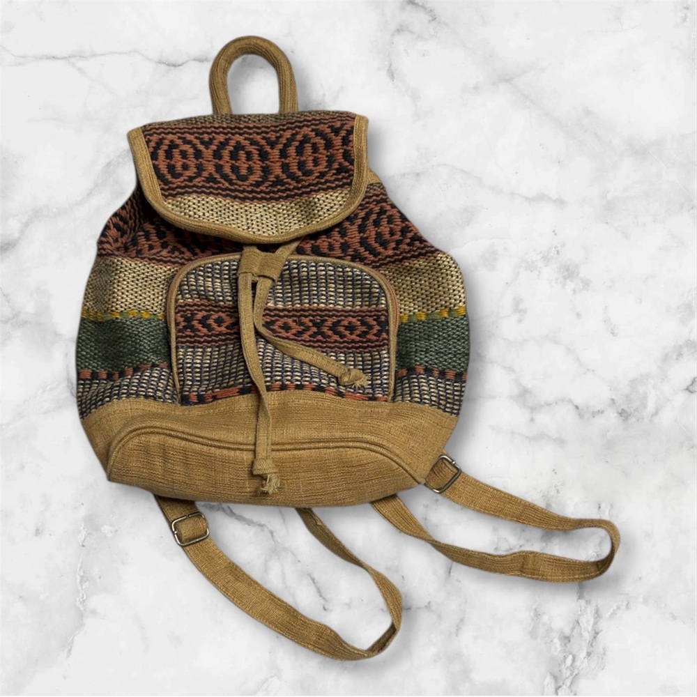 Bohemian woven printed natural Tan and Brown Backpack small